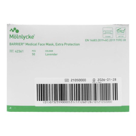 Molnlycke Surgical Mask Barrier® Extra Protection Anti-fog Pleated Tie Closure One Size Fits Most Lavender NonSterile Not Rated Adult - Box of 50 - 42361-BX