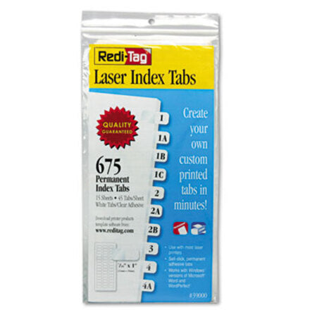 Redi-Tag® Laser Printable Index Tabs, 1/12-Cut, White, 0.44" Wide, 675/Pack - Pack of 1 - RTG-39000-PK