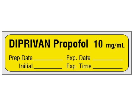 Shamrock Scientific Drug Label Shamrock Anesthesia Label DIPRIVAN Propofol 10 mg/ml / Prep Date _____ Exp. Date _____ / Initial _____ Exp. Time _____ Yellow 1/2 X 1 Inch - Roll of 1 - SA-209-EXP-PRE-RL
