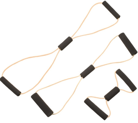 Fabrication Enterprises Exercise Resistance Tubing with Handles Set CanDo® BowTie™ Tan 14 Inch Length / 22 Inch Length / 30 Inch Length 2X-Light Resistance - Each - 10-5830-EA