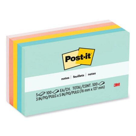 Post-it® Notes Original Pads in Beachside Cafe Collection Colors, 3" x 5", 100 Sheets/Pad, 5 Pads/Pack - Pack of 1 - MMM-655AST-PK