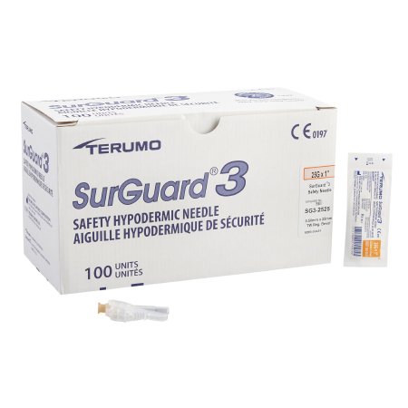 Terumo Medical Safety Hypodermic Needle SurGuard3™ 1 Inch Length 25 Gauge Regular Wall Hinged Safety Needle - Box of 100 - SG3-2525-BX