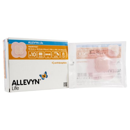 Smith & Nephew Foam Dressing Allevyn Life 4 X 4 Inch With Border Film Backing Silicone Gel Adhesive Quadrilobe Sterile - Box of 10 - 66801067-BX