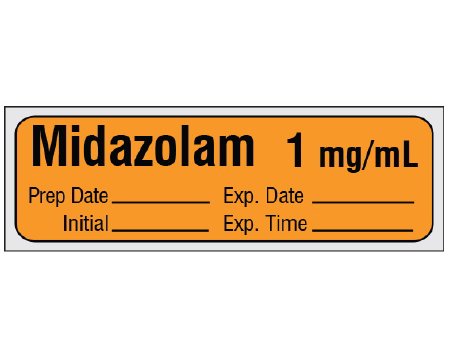 Shamrock Scientific Drug Label Shamrock Anesthesia Label Midazolam 1 mg / mL / Prep Date _____ Exp. Date _____ / Initial _____ Exp. Time _____ Orange 1/2 X 1 Inch - Roll of 1 - SA-217-EXP-PRE-RL