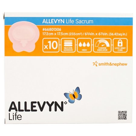 Smith & Nephew Foam Dressing Allevyn Life 6-3/4 X 6-7/8 Inch With Border Film Backing Silicone Gel Adhesive Sacral Sterile - Box of 10 - 66801306-BX