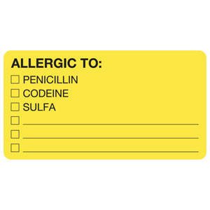 Tabbies Pre-Printed Label Allergy Alert Chartreuse ALLERGIC TO: PENICILLIN/CODEINE/SULFA Alert Label 1-3/4 X 3-1/4 Inch - Roll of 1 - MAP1550-RL