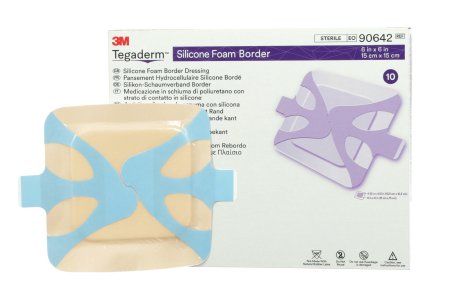 3M Foam Dressing 3M™ Tegaderm™ 6 X 6 Inch With Border Film Backing Silicone Adhesive Square Sterile - Box of 10 - 90642-BX