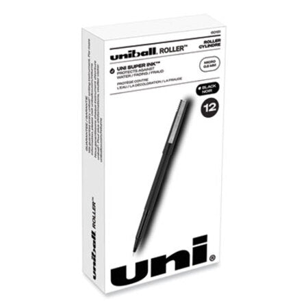 uniball® Roller Ball Pen, Stick, Micro 0.5 mm, Black Ink, Black Matte Barrel, Dozen - DZ/12 - UBC-60151-DZ