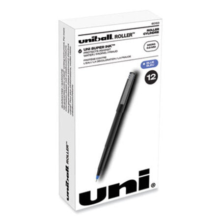 uniball® Roller Ball Pen, Stick, Micro 0.5 mm, Blue Ink, Black Matte Barrel, Dozen - DZ/12 - UBC-60153-DZ