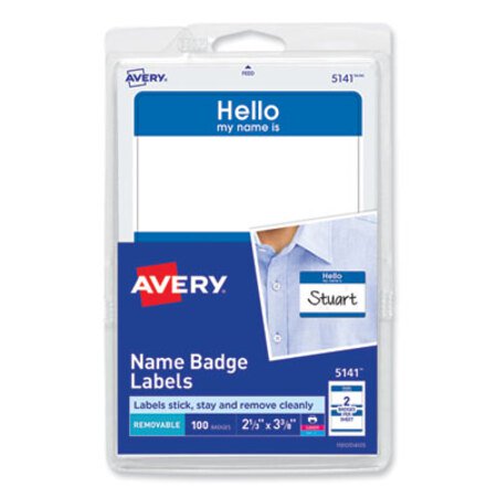 Avery® Printable Adhesive Name Badges, 3.38 x 2.33, Blue "Hello", 100/Pack - Pack of 1 - AVE-5141-PK