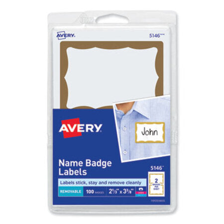 Avery® Printable Adhesive Name Badges, 3.38 x 2.33, Gold Border, 100/Pack - Pack of 1 - AVE-5146-PK
