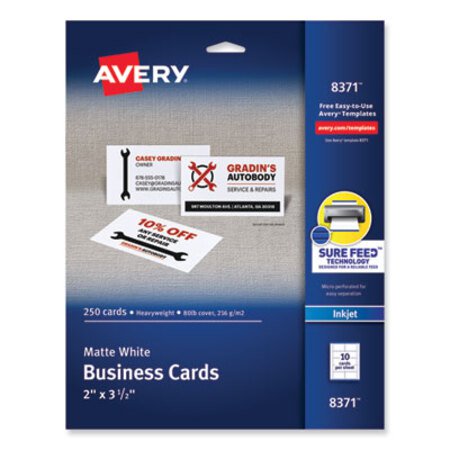 Avery® Printable Microperforated Business Cards w/Sure Feed Technology, Inkjet, 2 x 3.5, White, 250 Cards, 10/Sheet, 25 Sheets/Pack - Pack of 1 - AVE-8371-PK