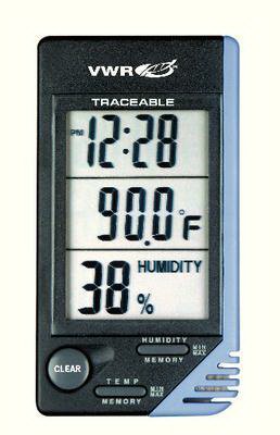 VWR International Thermometer / Clock / Humidity Monitor VWR® Traceable® Fahrenheit / Celsius 0Â° to 50Â°C Internal Sensor Flip-out Stand / Wall Mount Battery Operated - Each - 62344-734-EA