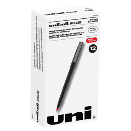 uniball® Roller Ball Pen, Stick, Micro 0.5 mm, Red Ink, Black Matte Barrel, Dozen - DZ/12 - UBC-60152-DZ