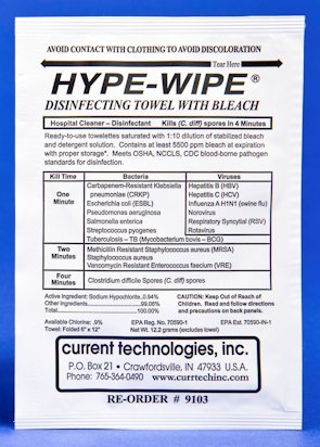 Current Technologies HYPE-WIPE® Surface Disinfectant Premoistened Manual Pull Wipe 100 Count Individual Packet Bleach Scent NonSterile - Case of 100 - 9103-CS