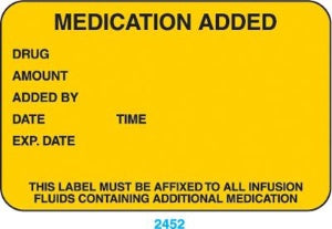 Health Care Logistics Pre-Printed Label Indeed Anesthesia Label Yellow Paper Medication Added Drug_Amount_Added by_Date_ Black Medication Instruction 1-3/4 X 2-3/4 Inch - Pack of 1000 - 2452-PK