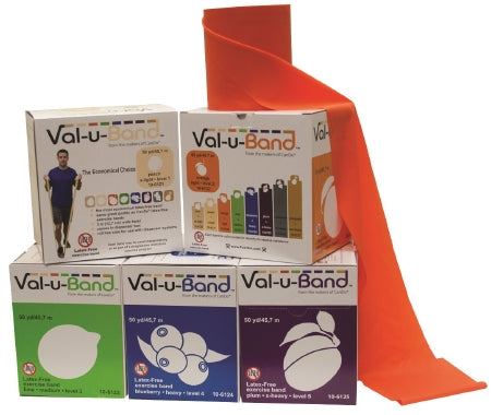Fabrication Enterprises Exercise Resistance Band Set Val-u-Band® Peach / Orange / Lime / Blueberry / Plum 5 Inch X 50 Yard X-Light to X-Heavy Resistance - Each - 10-6128-EA