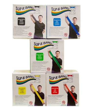 Fabrication Enterprises Exercise Resistance Band Set Sup-R Band® Yellow / Red / Green / Blue / Black 5 Inch X 50 Yard X-Light to X-Heavy Resistance - Each - 10-6328-EA