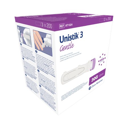 Owen Mumford Safety Lancet Unistik 3 30 Gauge Retractable Push Button Activation Finger - Box of 200 - AT 1024-BX