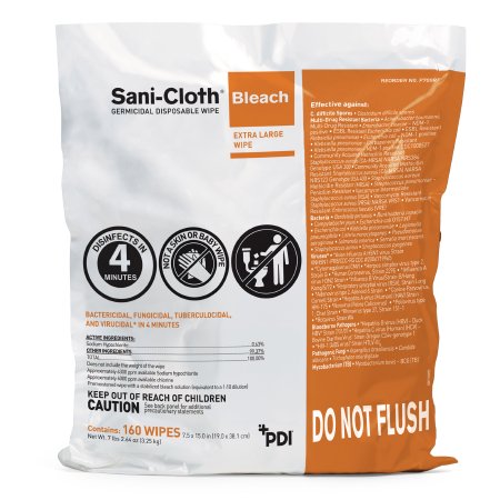 Professional Disposables Sani-Cloth® Bleach Surface Disinfectant Cleaner Refill Premoistened Germicidal Manual Pull Wipe 160 Count Bag Chlorine Scent NonSterile - Pack of 1 - P700RF-PK