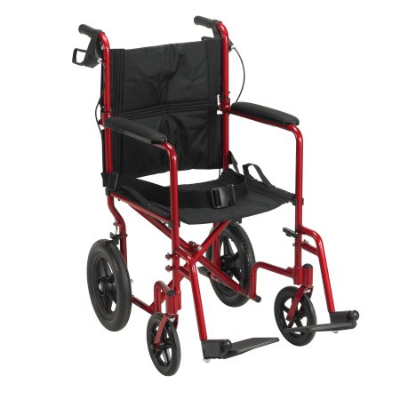 Drive Medical Lightweight Transport Chair Aluminum Frame with Red Finish 300 lbs. Weight Capacity Fixed Height / Padded Arm Black Upholstery - Each - EXP19LTRD-EA