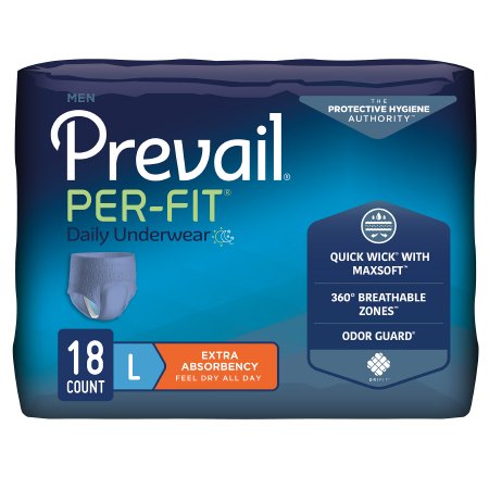 First Quality Male Adult Absorbent Underwear Prevail® Per-Fit® Men Pull On with Tear Away Seams Large Disposable Moderate Absorbency - Bag of 18 - PFM-513-BG