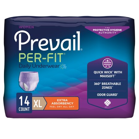 First Quality Female Adult Absorbent Underwear Prevail® Per-Fit® Women Pull On with Tear Away Seams X-Large Disposable Moderate Absorbency - Bag of 14 - PFW-514-BG