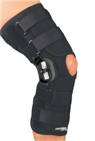DJO Knee Brace DonJoy® Playmaker™ Standard Small Hook and Loop Strap Closure 15-1/2 to 18-1/2 InchThigh Circumference / 13 to 14 Inch Knee Center Circumference / 12 to 14 Inch Calf Circumference Left or Right Knee - Each - 11-0865-2-EA