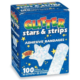SmileMakers Adhesive Strip Glitter® 3/4 X 3 Inch / 1-4/5 Inch Plastic Rectangle / Star Kid Design (Glitter Stars and Stripes) Sterile - Box of 100 - BAN24-BX