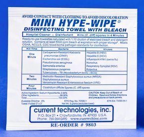 Current Technologies Mini HYPE-WIPE® Surface Disinfectant Premoistened Manual Pull Wipe 100 Count Individual Packet Bleach Scent NonSterile - Case of 100 - 9803-CS