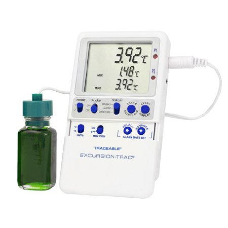 Cole-Parmer Inst. Datalogging Refrigerator / Freezer Thermometer Traceable® Excursion-Trac™ Fahrenheit / Celsius -58Â° to +158Â°F (-50Â° to +70Â°C) Bottle Probe Multiple Mounting Options Battery Operated - Each - 94460-07-EA