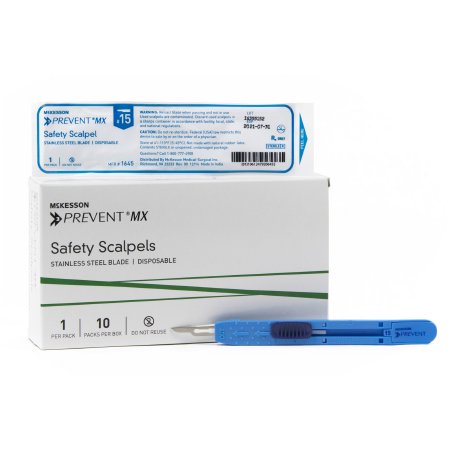 McKesson Safety Scalpel McKesson Prevent® MX No. 15 Stainless Steel / Plastic Sensory Grip Handle Sterile Disposable - Case of 500 - 1645-CS