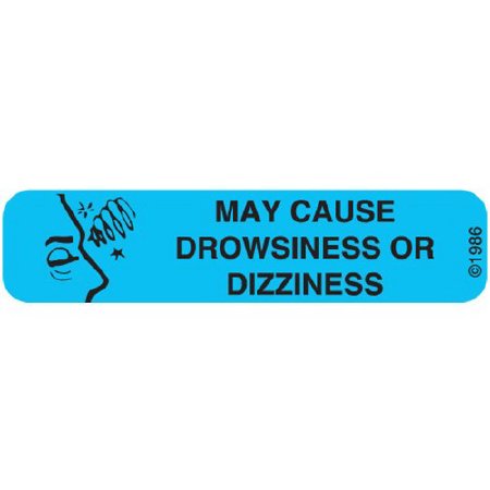 Precision Dynamics Pre-Printed Label Auxiliary Label Blue Paper MAY CAUSE DROWSINESS OR DIZZINESS Safety and Instructional 3/8 X 1-9/16 Inch - Box of 2 - 15-W-BX