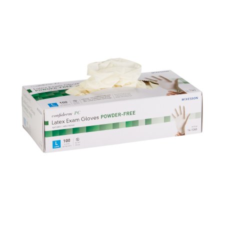 McKesson Exam Glove McKesson Confiderm® Large NonSterile Latex Standard Cuff Length Fully Textured Ivory Not Rated - Box of 100 - 14-1383-BX