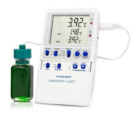 Cole-Parmer Inst. Refrigerator / Freezer Temperature Data Logger with Alarm Traceable® Memory-Loc™ Fahrenheit / Celsius -58Â° to +158Â°F (-50Â° to +70Â°C) Glycol Bottle Probe Multiple Mounting Options Battery Operated - Each - 94460-37-EA