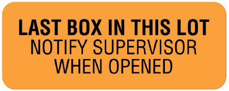 United Ad Label Pre-Printed Label Advisory Label Orange Paper LAST BOX IN THIS LOT / NOTIFY SUPERVISOR / WHEN OPENED Black Quality Control Label 7/8 X 2-1/4 Inch - Each - ULCL243-EA