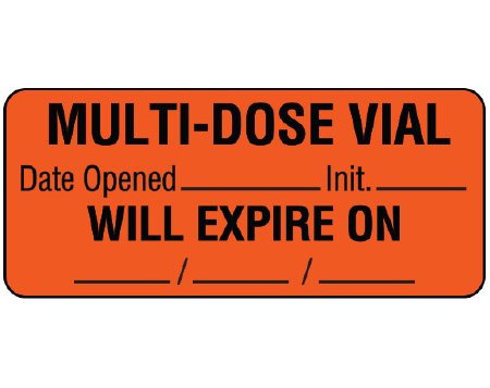 Shamrock Scientific Pre-Printed Label Shamrock Advisory Label Fluorescent Red Paper Multi-Dose Vial Date Opened_Init_Will Expire On_/_/_ Black Syringe Label 1 X 2-1/4 Inch - Roll of 500 - UPCR-6133-RL