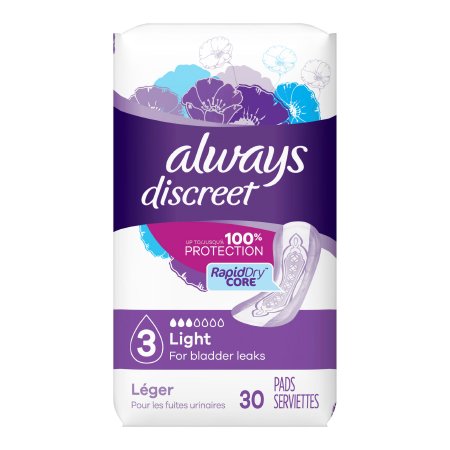 Procter & Gamble Bladder Control Pad Always® Discreet 9.4 Inch Length Light Absorbency Superabsorbant Core Size 3 - Pack of 30 - 03700088658-PK