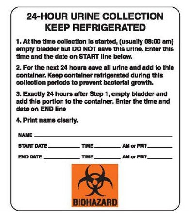 Market Lab Inc Pre-Printed Label Laboratory Use White Paper 24-Hour Urine Collection Keep Refrigerated Black Lab / Specimen 3 X 4 Inch - Each - 6462-EA