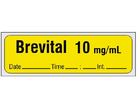 Shamrock Scientific Drug Label Shamrock Anesthesia Label BREVITAL 10 mg / mL / Date _____ Time _____ Int. _____ Yellow 1/2 X 1 Inch - Each - SA-208-DTI-PRE-EA