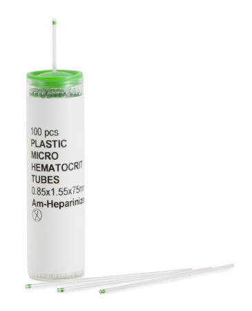 McKesson McKesson Capillary Blood Collection Tube Micro-hematocrit Ammonium Heparin Additive 0.8 X 1.5 X 75 mm Green Stripe Without Closure Plastic Tube - Box of 10 - 555-BX