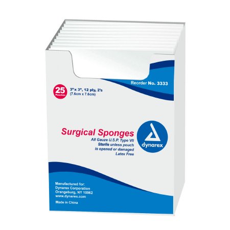 Dynarex Gauze Sponge Dynarex® 3 X 3 Inch 2 per Pack Sterile 12-Ply Square - Case of 1200 - 3333-CS