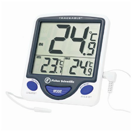 PANTek Technologies LLC Digital Refrigerator / Freezer Thermometer with Alarm Fisherbrand™ Traceable® Fahrenheit / Celsius -58° to +158°F (-50° to +70°C) External Sensor / Bottle Probe Flip-out Stand / Wall Mount Battery Operated - Each - 14648232-EA