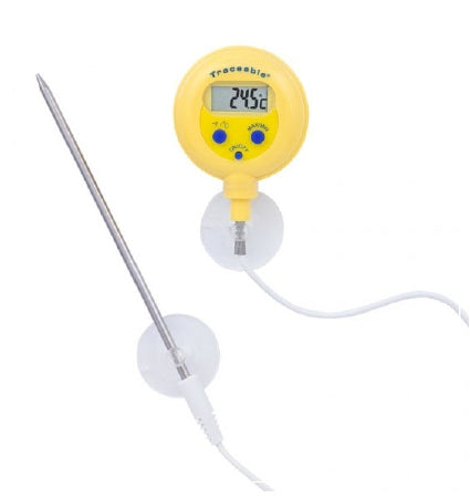 Cole-Parmer Inst. Digital Water-Resistant Thermometer Traceable® Fahrenheit / Celsius -58Â° to +572Â°F (-50Â° to +300Â°C) Stainless Steel Probe Multiple Mounting Options Battery Operated - Each - 90205-22-EA