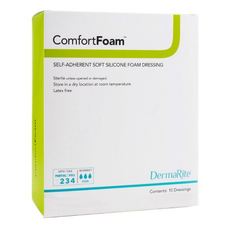 DermaRite Industries Foam Dressing ComfortFoam™ 4 X 8 Inch Without Border Film Backing Silicone Face Rectangle Sterile - Box of 5 - 44480-BX