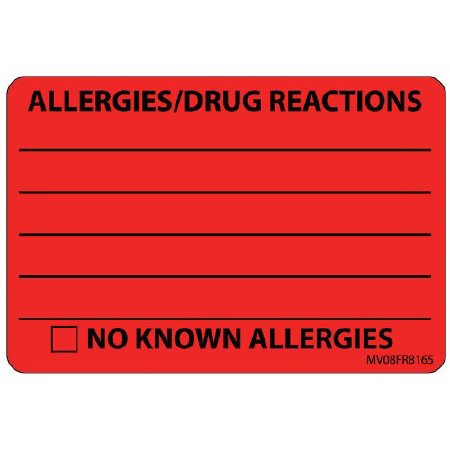 Precision Dynamics Pre-Printed Label MedVision® Allergy Alert Red Paper ALLERGIES/DRUG REACTIONS______/NO KNOWN ALLERGIES Black Alert Label 2 X 2-15/16 Inch - Roll of 333 - MV08FR8165-RL