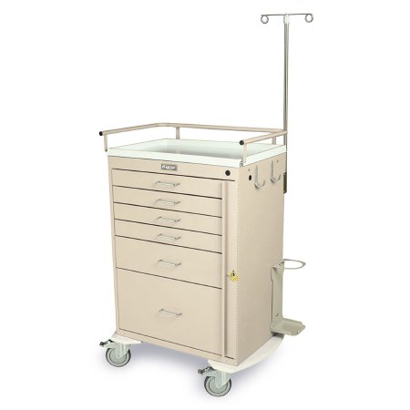Harloff Emergency Cart Classic Line 22 X 35 X 45.75 Inch, 86.25 Inch IV Pole Beige (4)-3 Inch, (1)-6 Inch, (1)-12 Inch Drawer Configuration, 17 X 23 Inch Internal Drawer - Each - 6401-EA