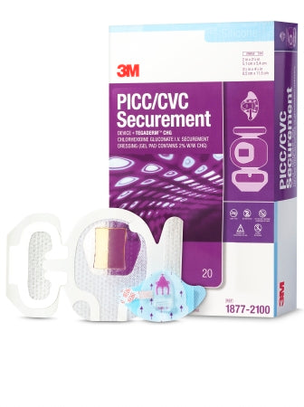 3M PICC/CVC Securement Device + Tegaderm™ with CHG IV Dressing 3M™ Tegaderm™ CHG (Chlorhexidine Gluconate) 3-1/2 X 4-1/2 Inch Sterile - Case of 80 - 1877-2100-CS