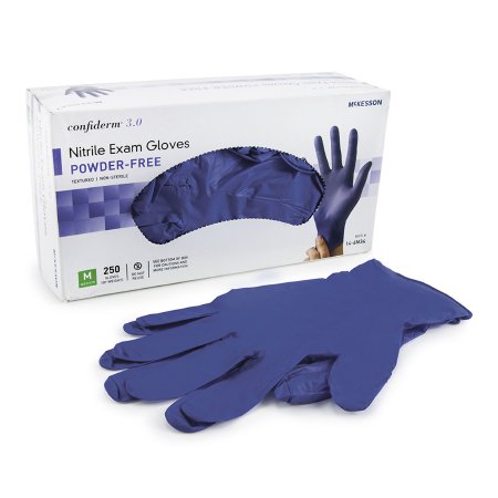 McKesson Exam Glove McKesson Confiderm® 3.0 Medium NonSterile Nitrile Standard Cuff Length Textured Fingertips Blue Not Rated - Box of 1 - 14-6N34-BX