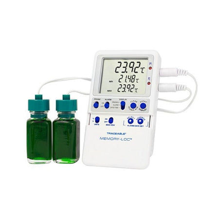 Cole-Parmer Inst. Datalogging Refrigerator / Freezer Thermometer with Alarm Traceable® Memory-Loc™ Fahrenheit / Celsius -58Â° to +158Â°F (-50Â° to +70Â°C) 2 Glycol Bottle Probes Multiple Mounting Options Battery Operated - Each - 94460-39-EA